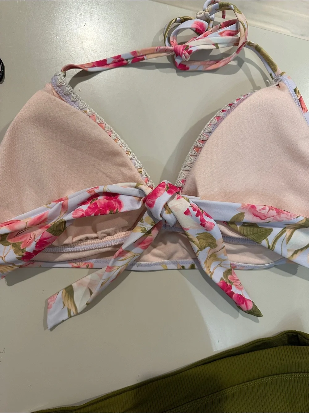 Set of White and Floral Triangle Bikini top and Green High Rise Bottoms